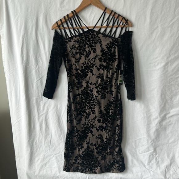 GUESS Velvet Flocked Bodycon Dress Cutout Mesh Strappy Sexy Black Dress Size 4 - Picture 5 of 15
